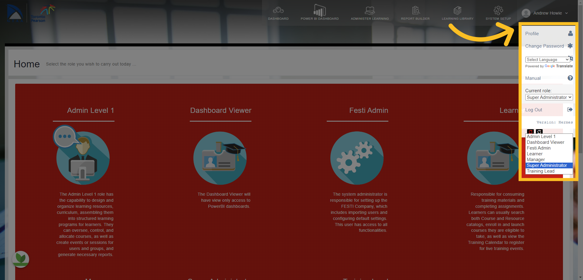 First, open your profile menu and change your current role to Curriculum Developer.