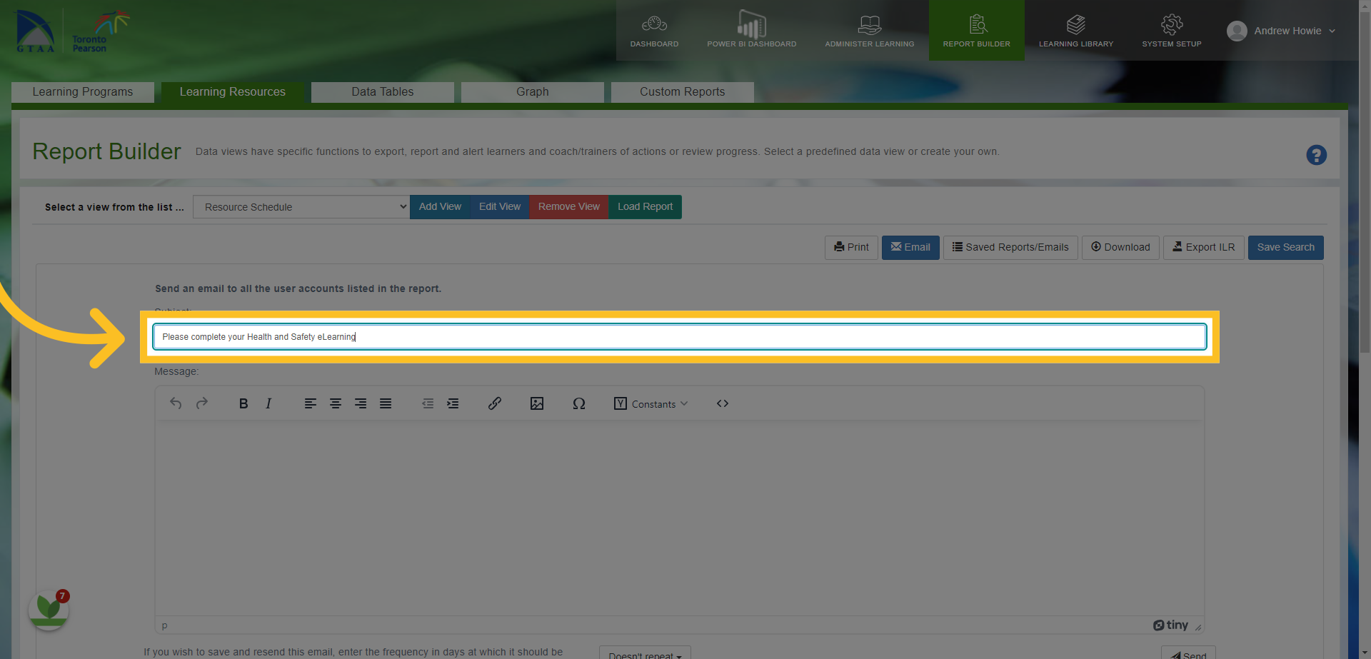 Add the subject of your email here e.g. 'Please complete your Health and Safety eLearning'.