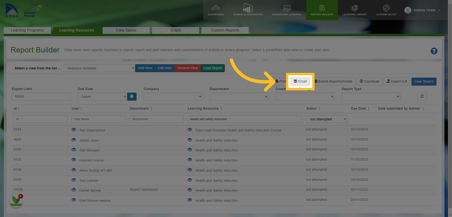 Once you've filtered the list to who you want to send the email to, click on the email button.
