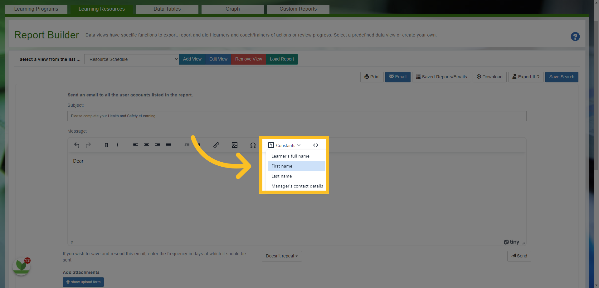 The 'Constants' button provides a dropdown box where you can link the name of everyone in the email.