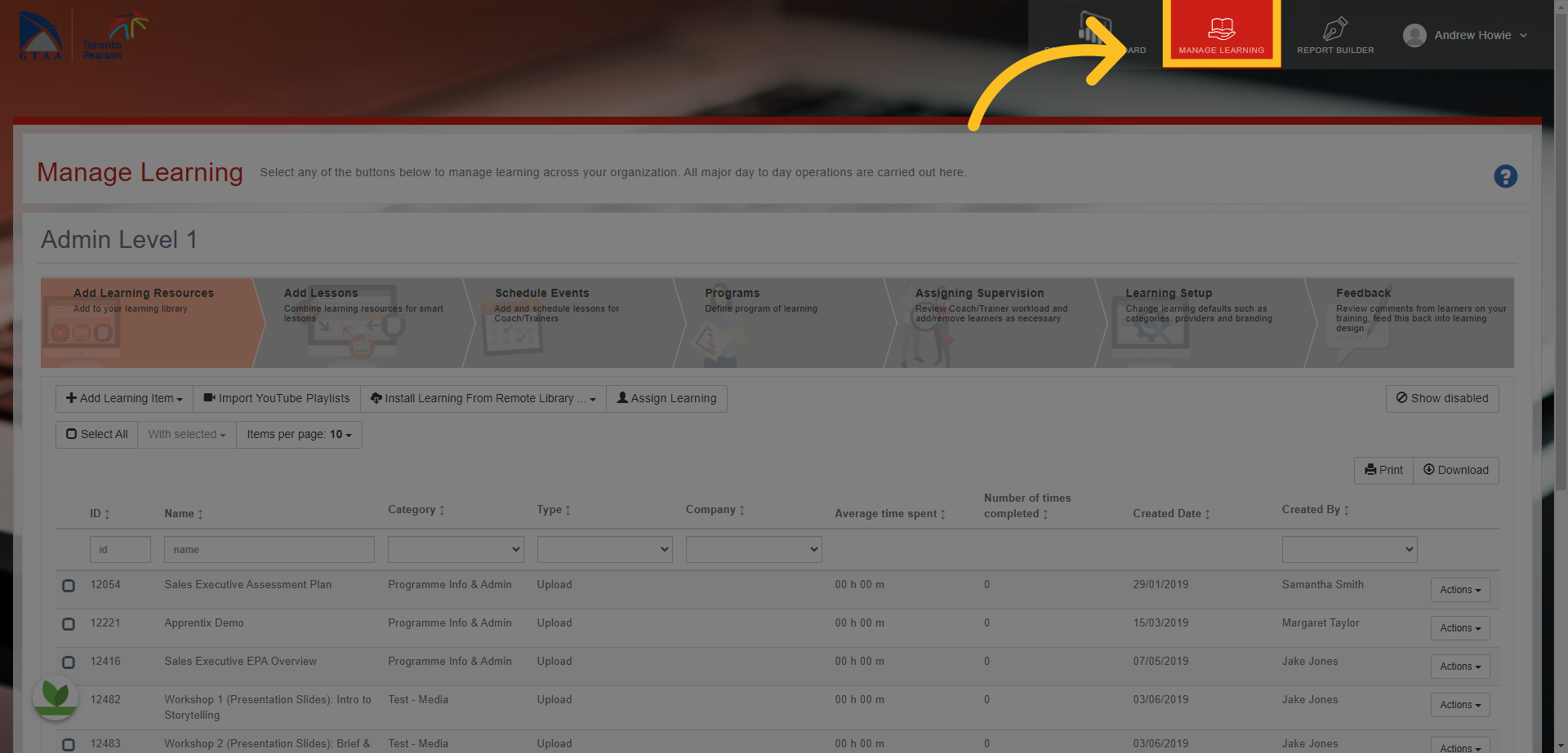 Click on the 'Manage Learning' tab at the top of the screen