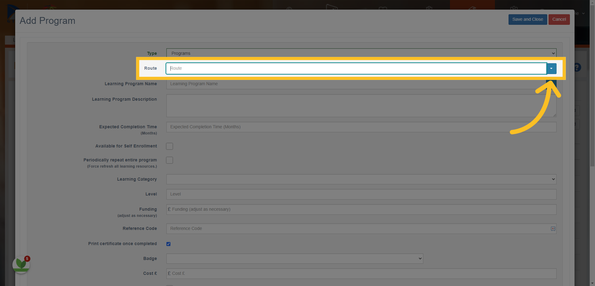 Choose a suitable 'Route' from the selection in the dropdown menu - this appears when you open the dropdown.