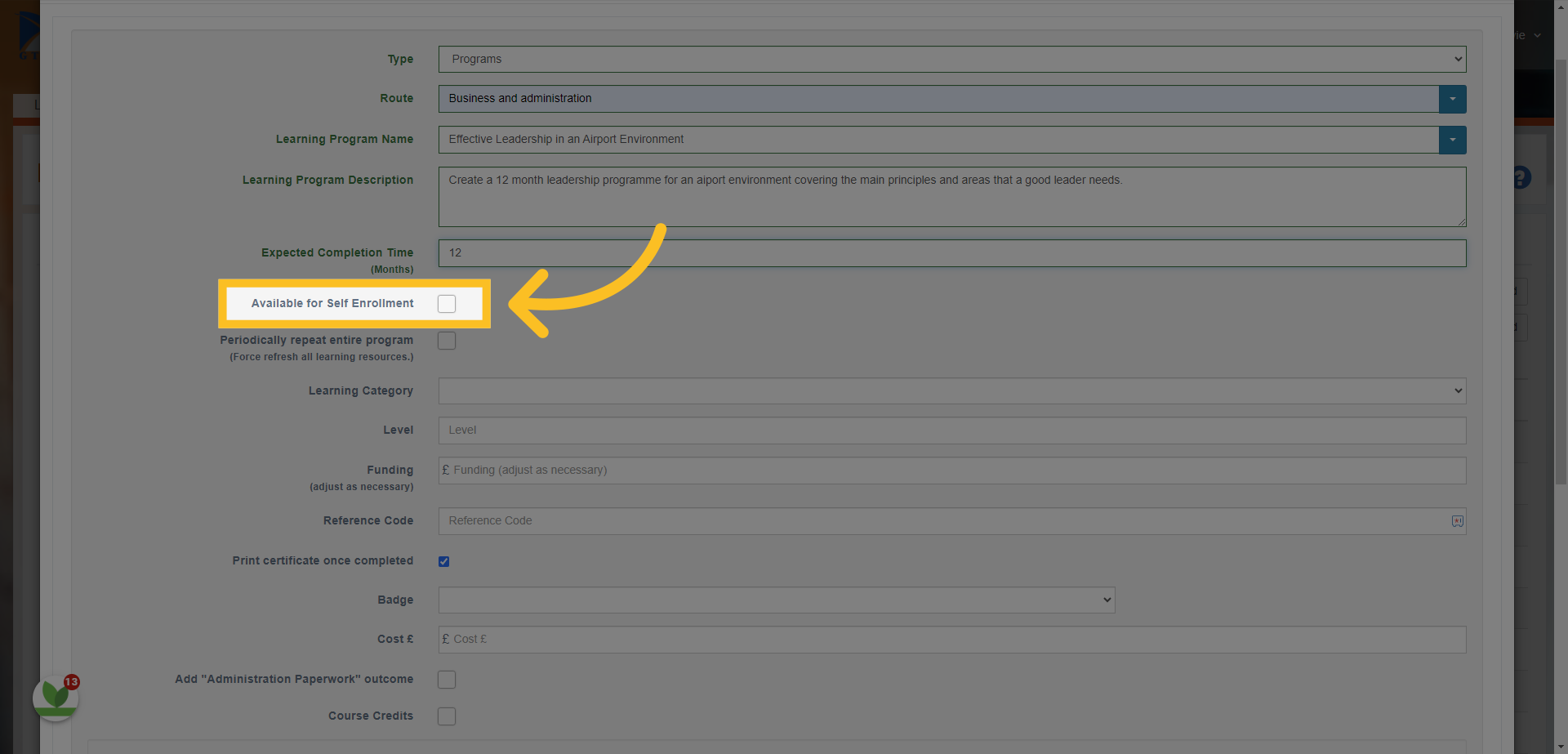 'Available for Self Enrollment' - if checked then all users will have access to enroll on the program.