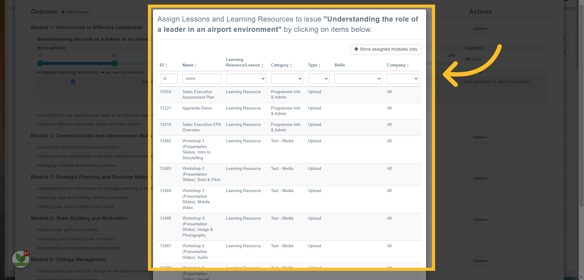 You can search for your learning items by name, category and type.