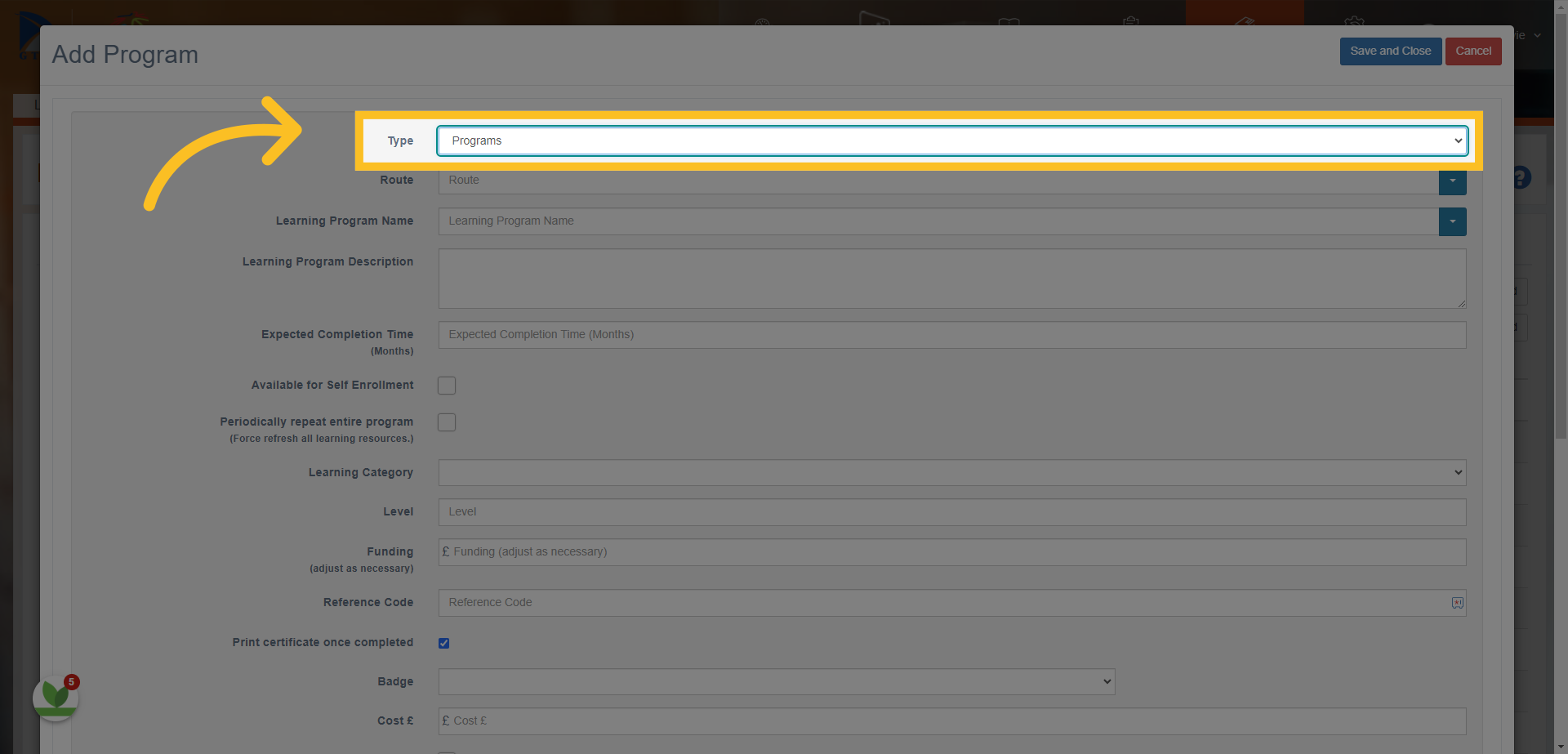 In the Type box - select 'Programs'.