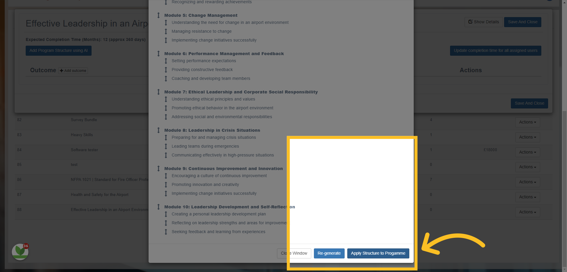 You can either choose the 'Re-generate' option if you want AI to create a new version from the description OR you can choose the 'Apply Structure to program' to add this structure to your program.