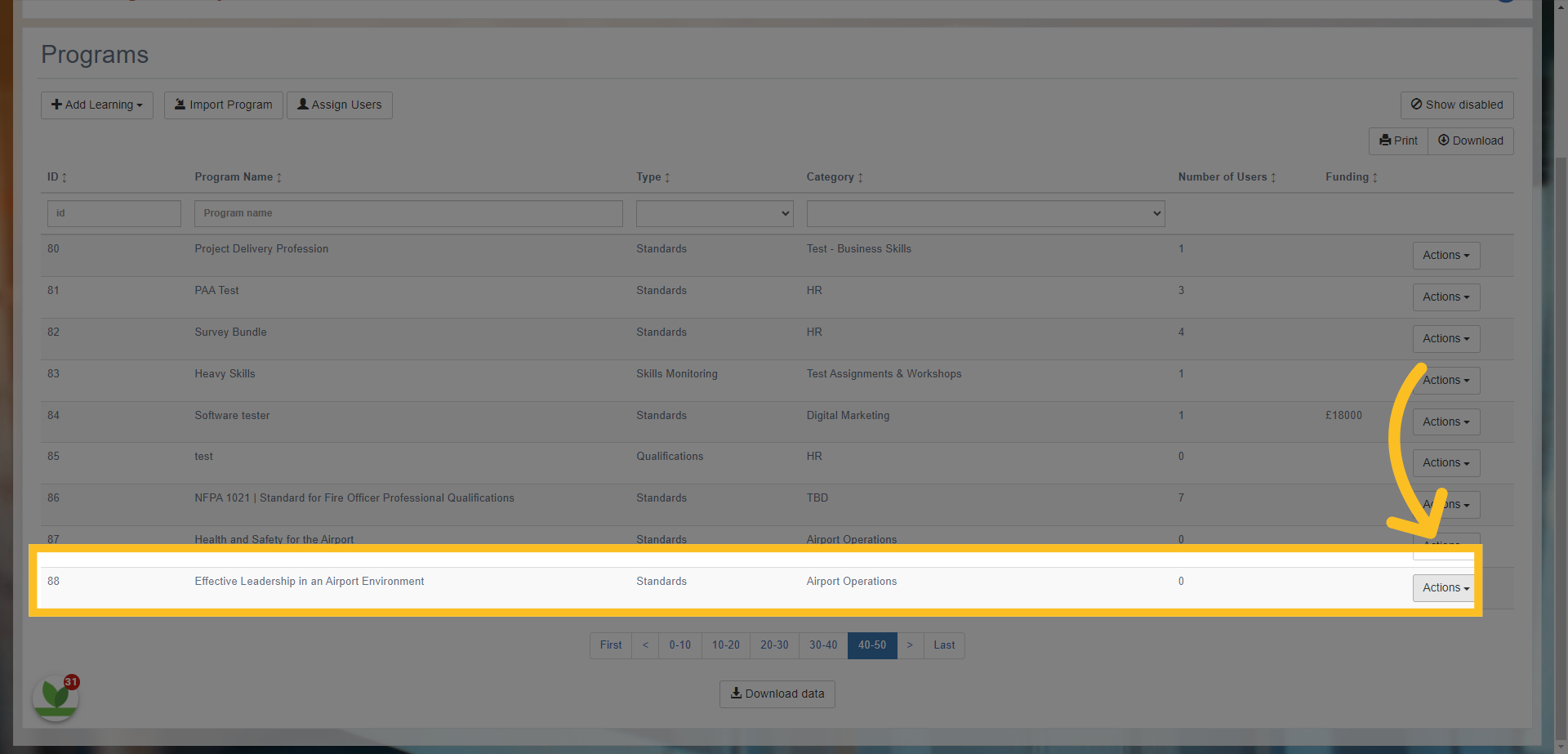 Once you've found the program, click on the 'Actions' button.