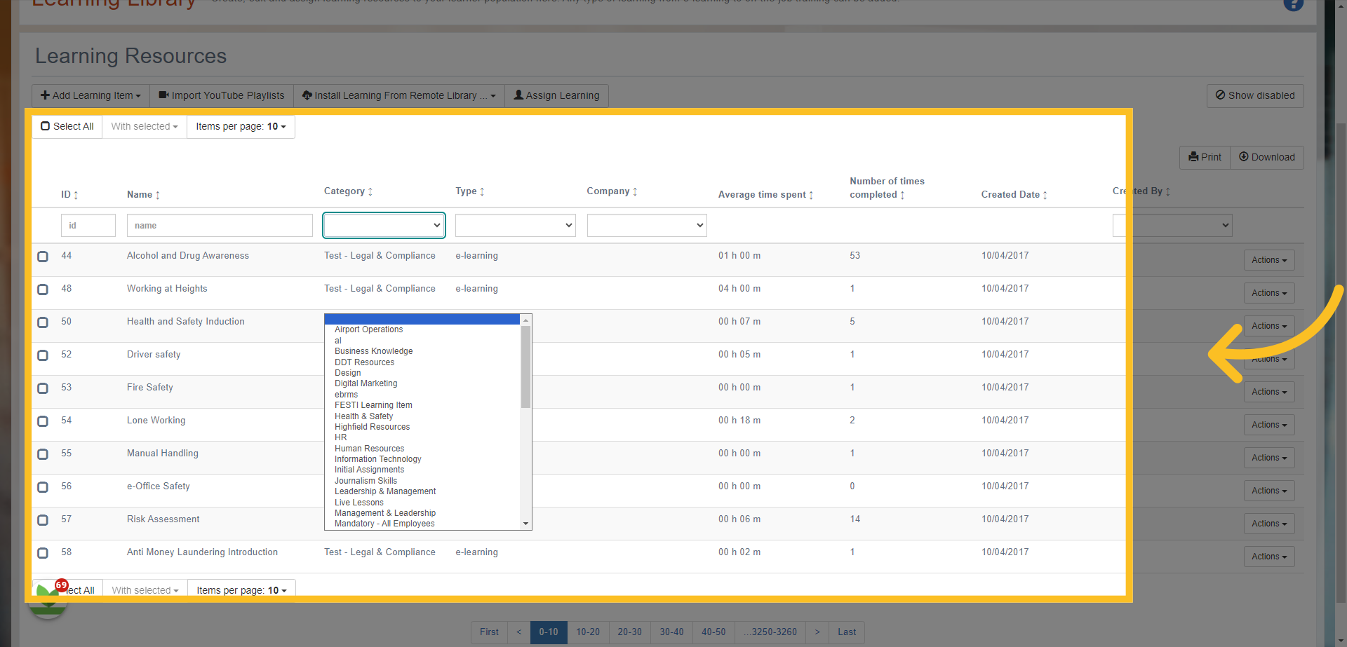 Search for the learning items by name, category or type.
