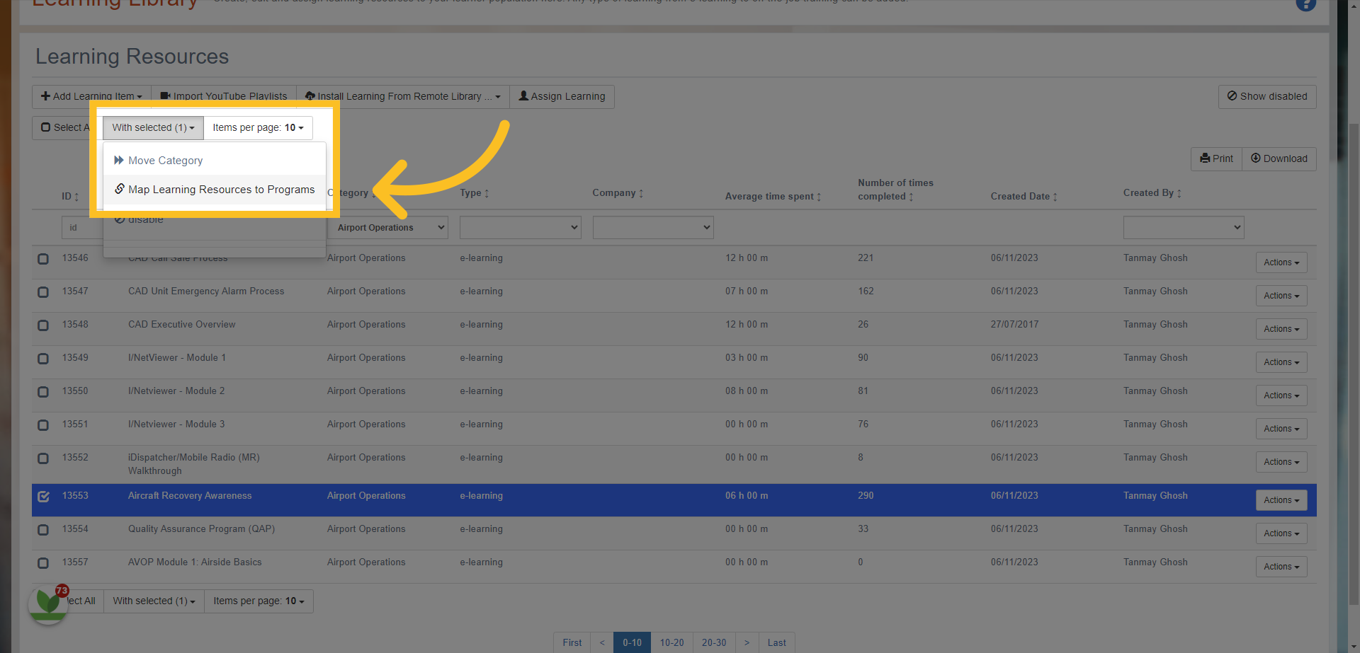 Click on the 'With selected' button and then choose 'Map Learning Resources to Programs'.