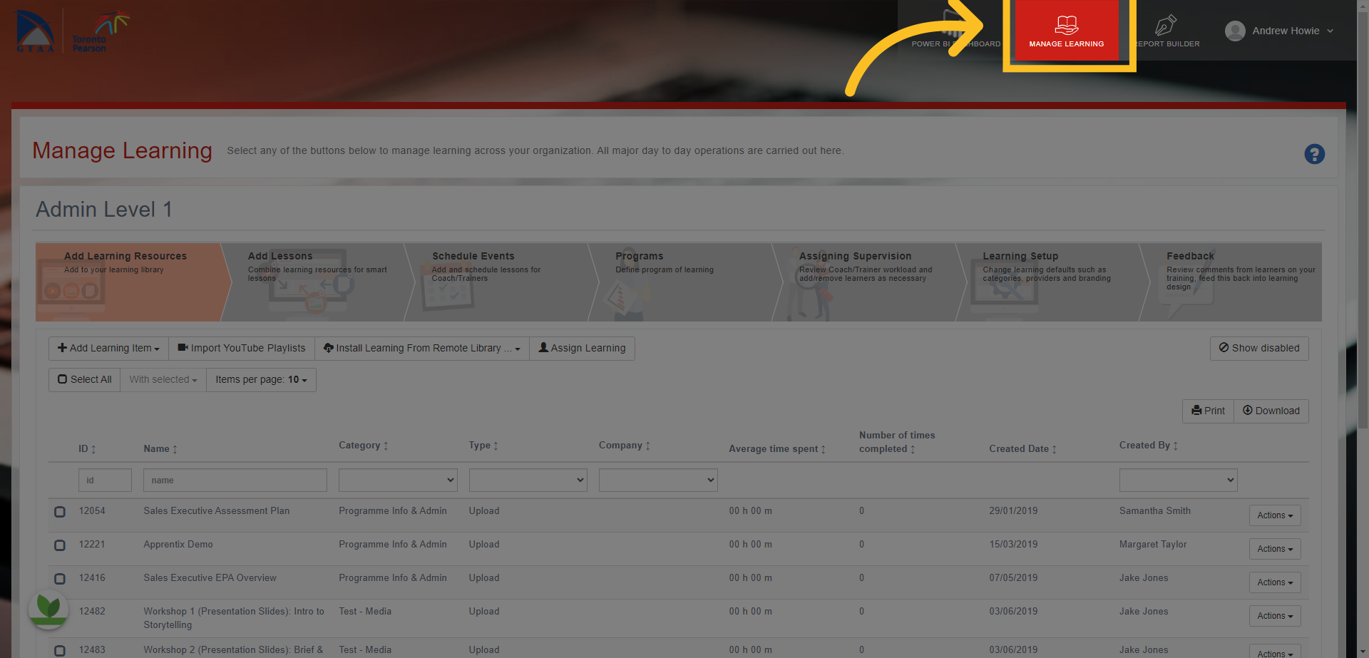 Click on the 'Manage Learning' tab at the top of the screen