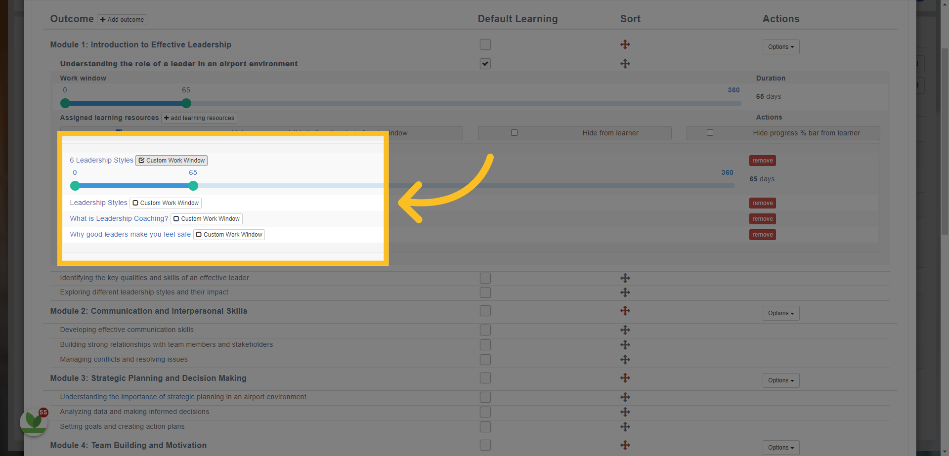 You can also customise the work windows for individual resources or lessons by checking the 'Custom Work Window' box next to the resource.
