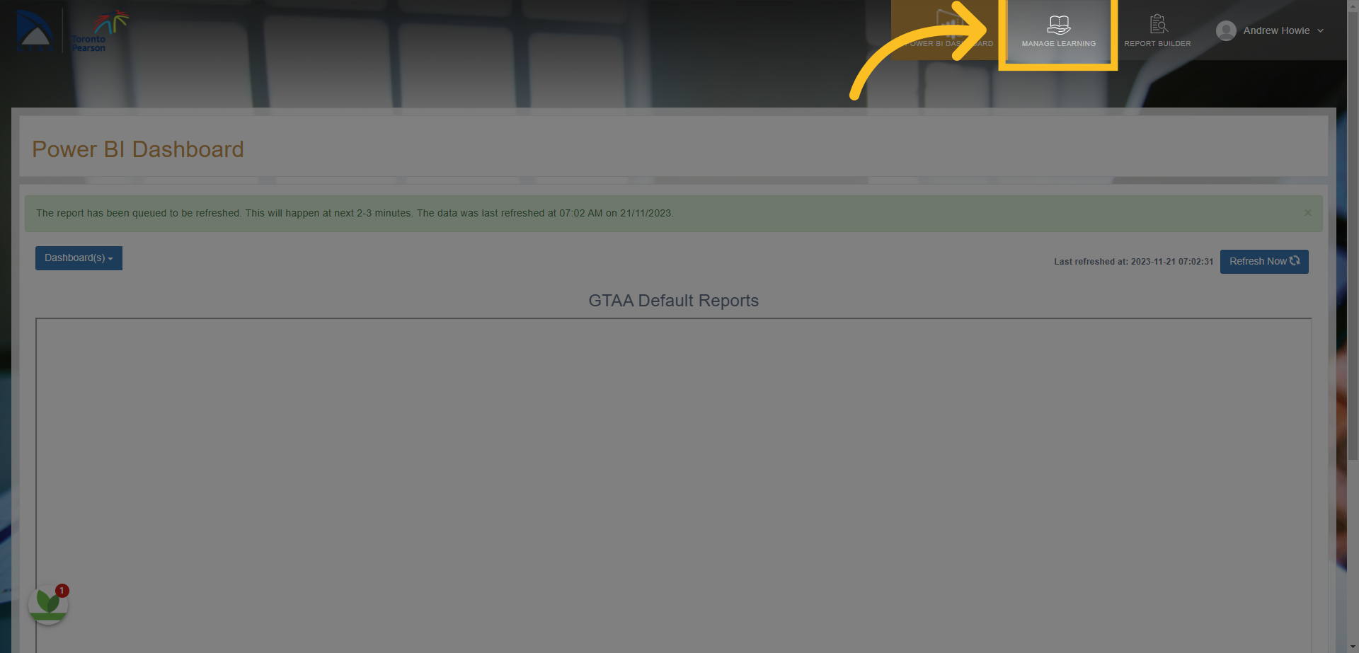 Click on the Manage Learning tab at the top of the screen.