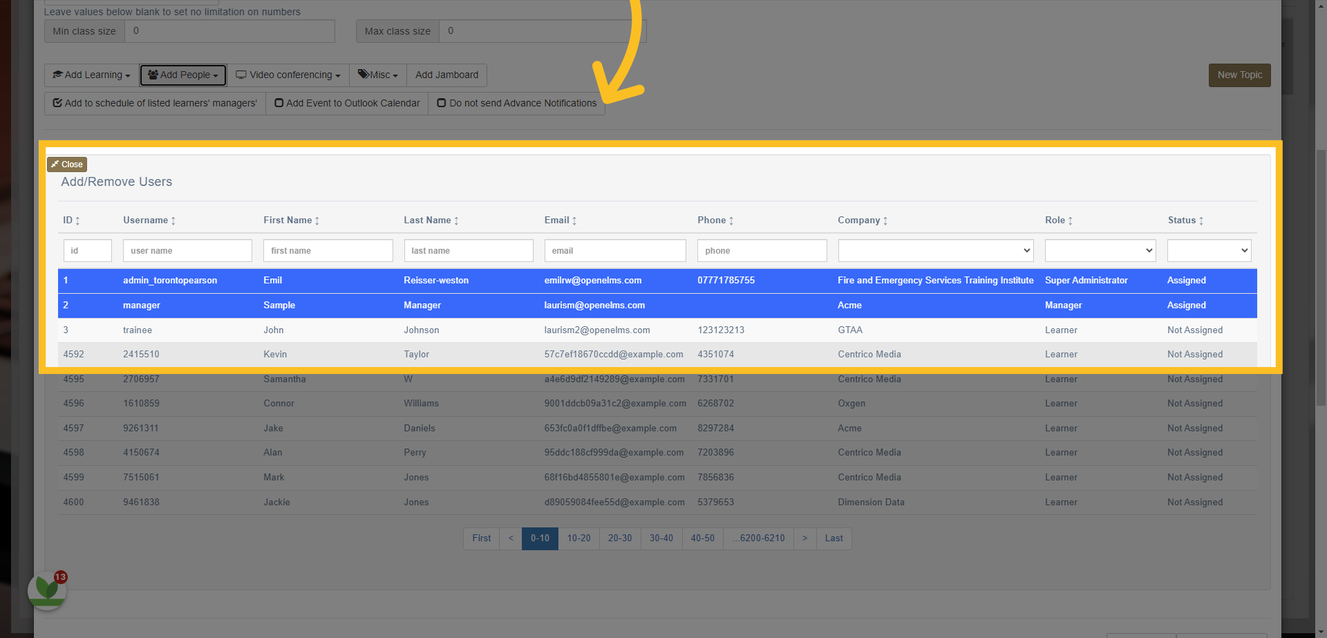 You can then view which learners have been assigned the event (highlighted in blue) - you can also click the Status option and click assigned to see full list of 'Assigned' learners