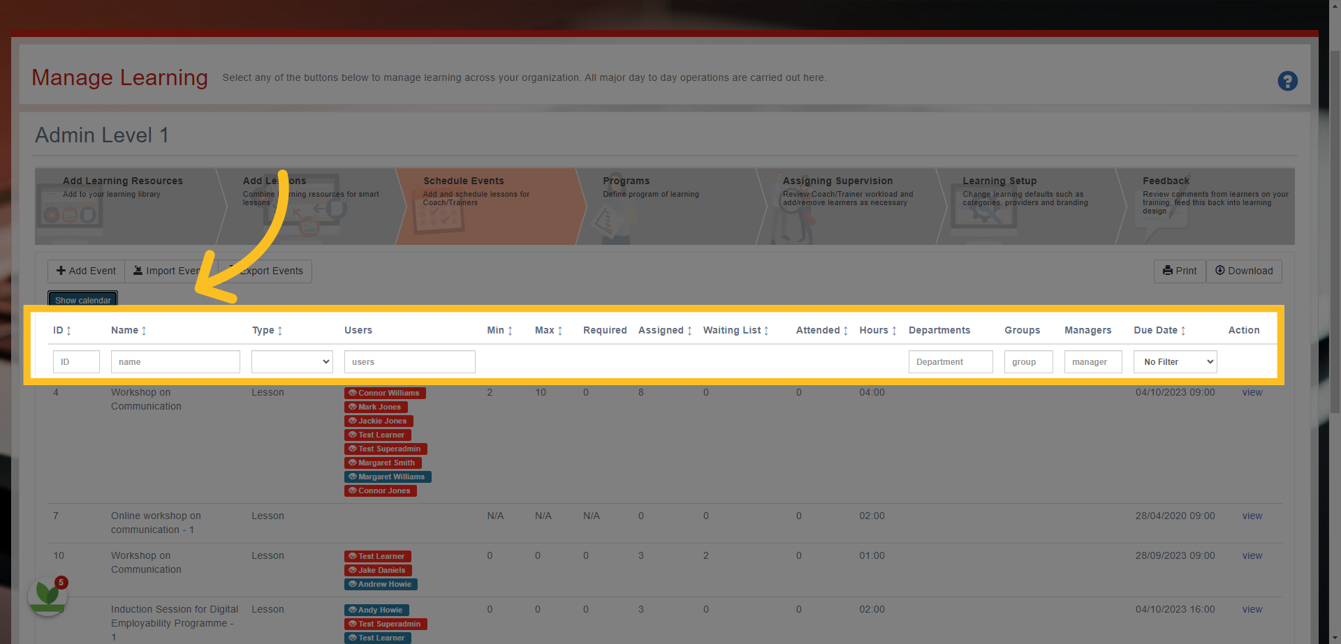 Search for the event by typing the name here.