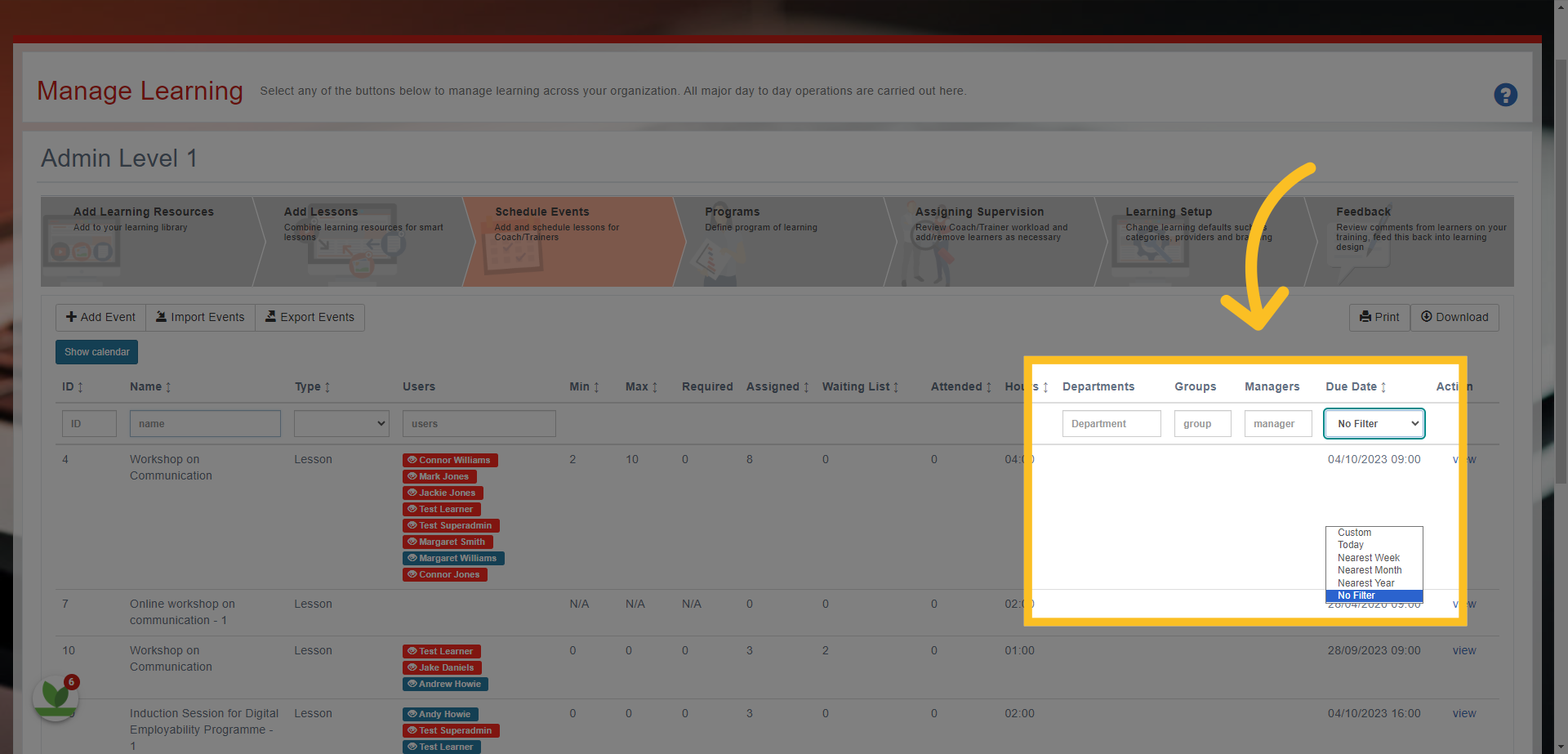 You can also filter for events by searching Departments, Groups, Managers and Dates.