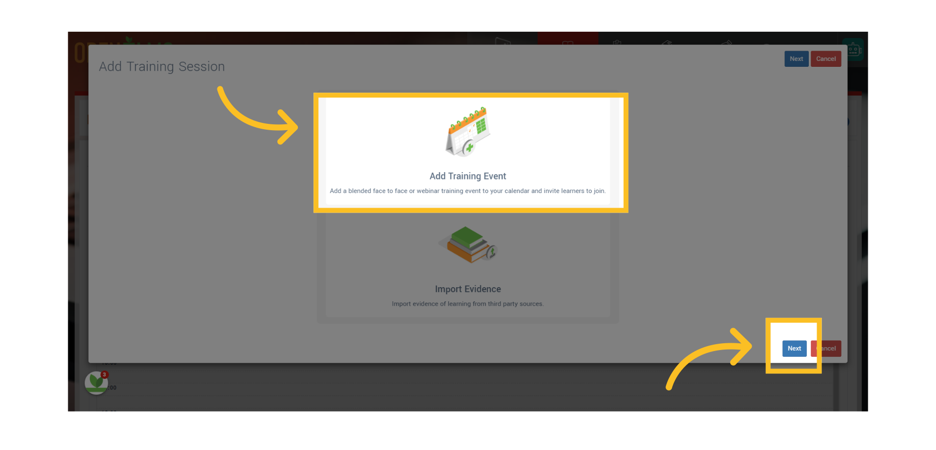 Select the 'Add Training Event' option and then the 'Next' Button