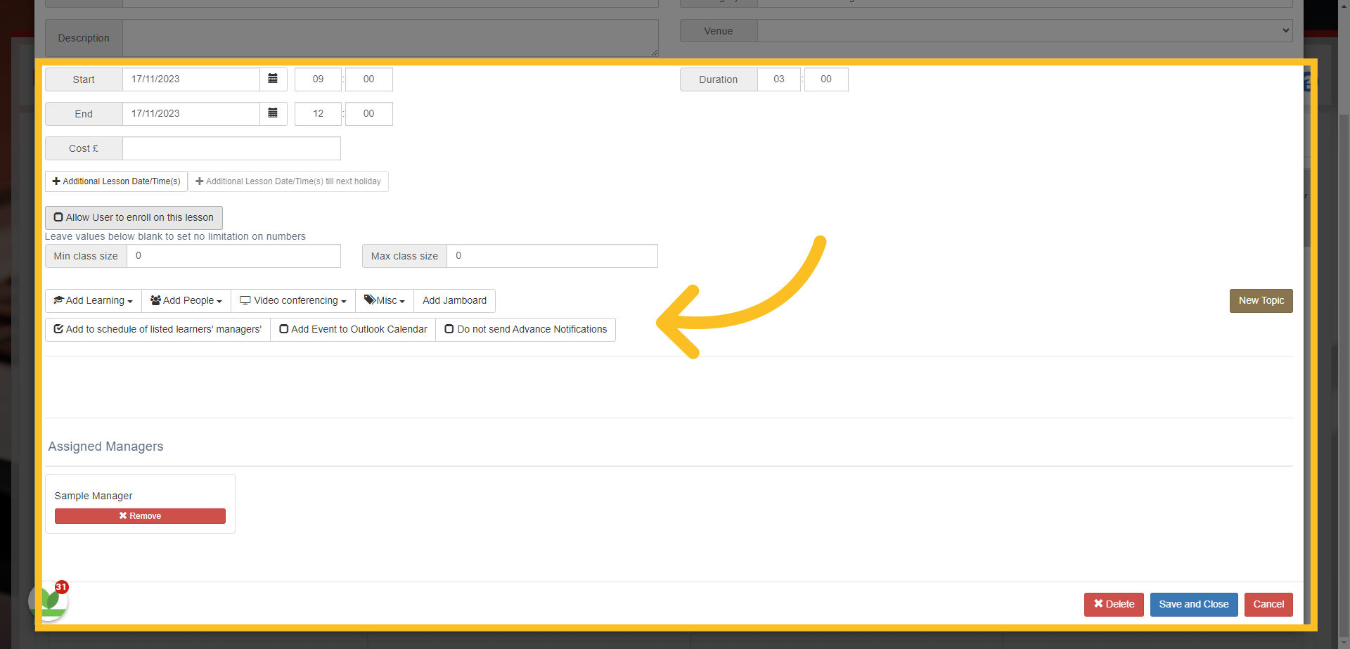 You now have the option to add further elements to the event.