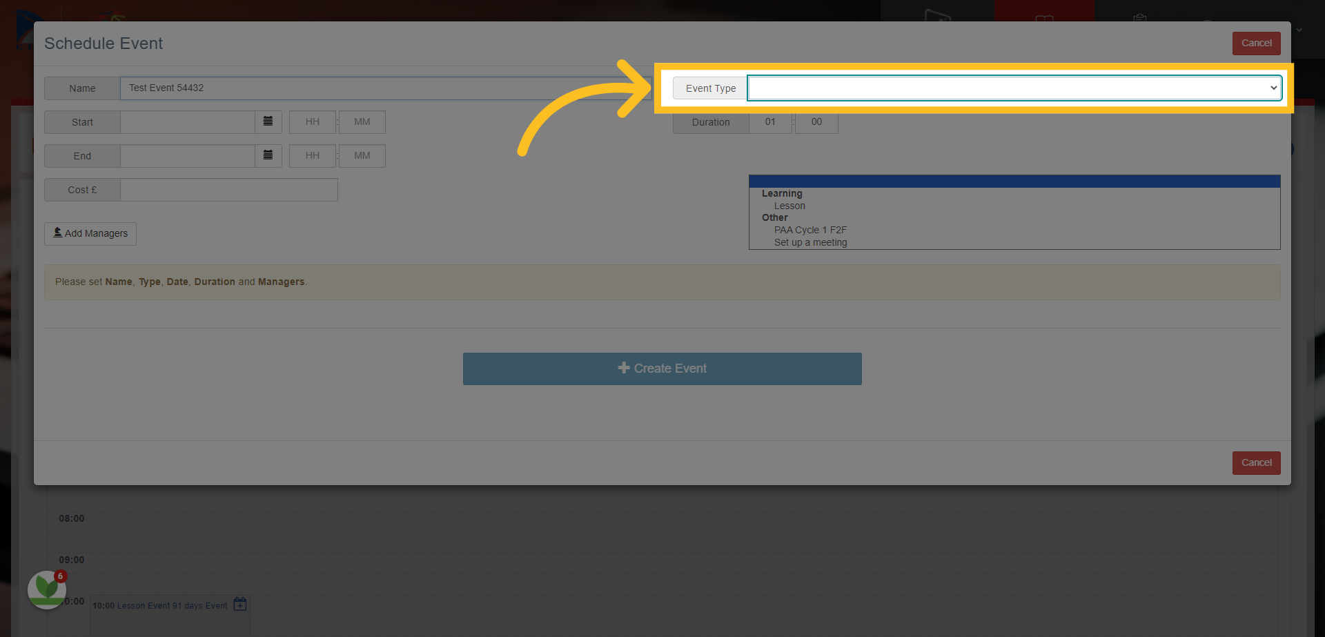 Click on 'Event Type' and Select 'Lesson'.