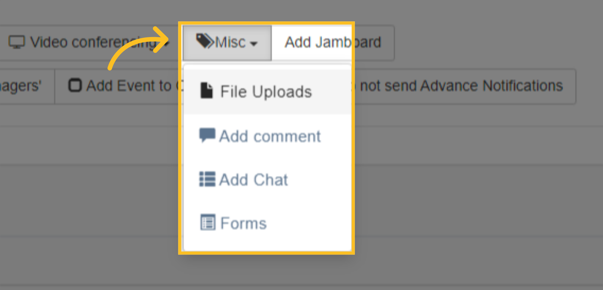 The 'Misc' (miscellaneous) button allows you to add documents to the event through the File Uploads option. You can attach multiple documents if you require.