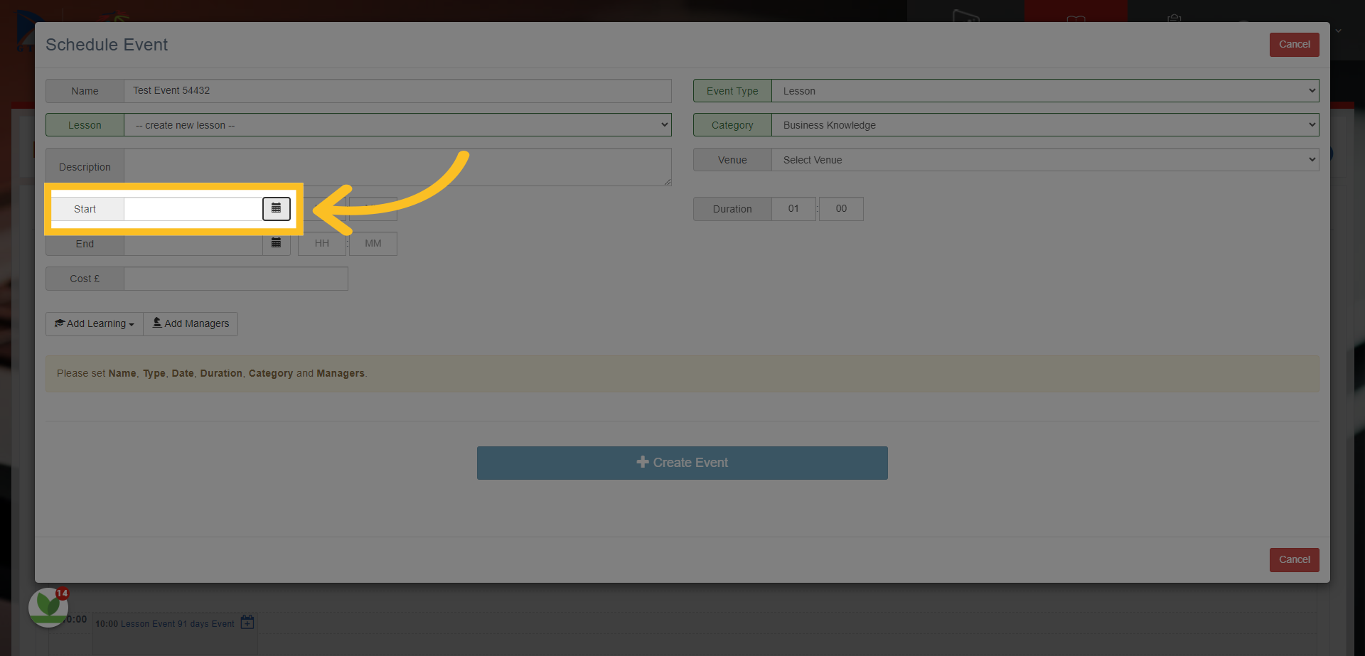 Choose the date of the event by clicking on the calendar icon here.