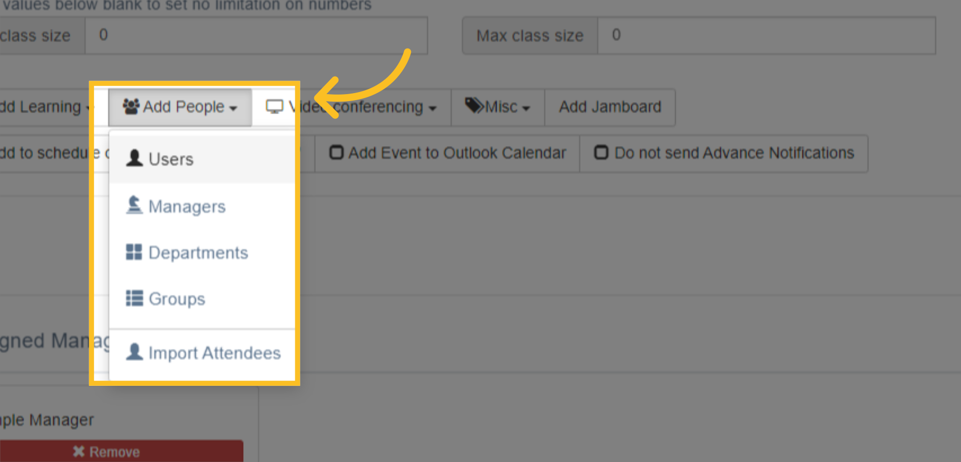The 'Add People' button allows you to directly assign the event to any learners individually or by department or by group. You can also assign further managers to the event and there is an option to import attendees via an excel template.