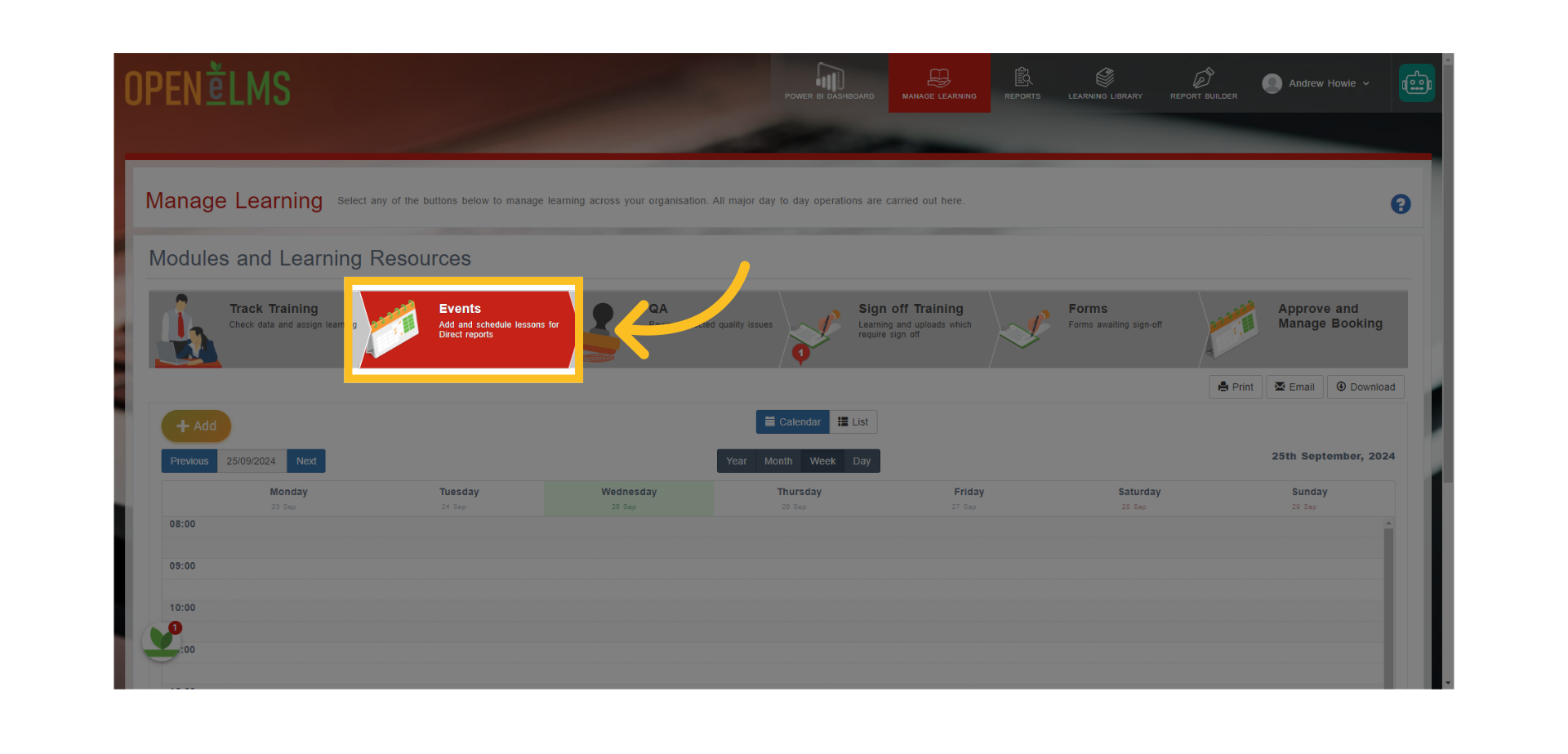 Select the 'Events' Option here.