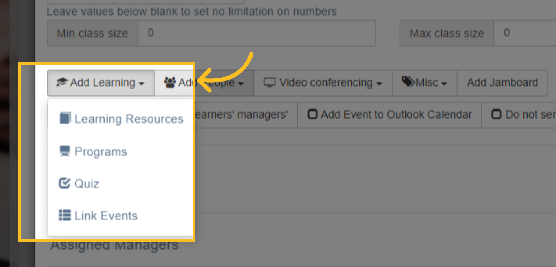 The 'Add Learning' button gives you the option to add further resources, map the event to any learning programs or pathways, add an interactive quiz and link to other events that have already been created.
