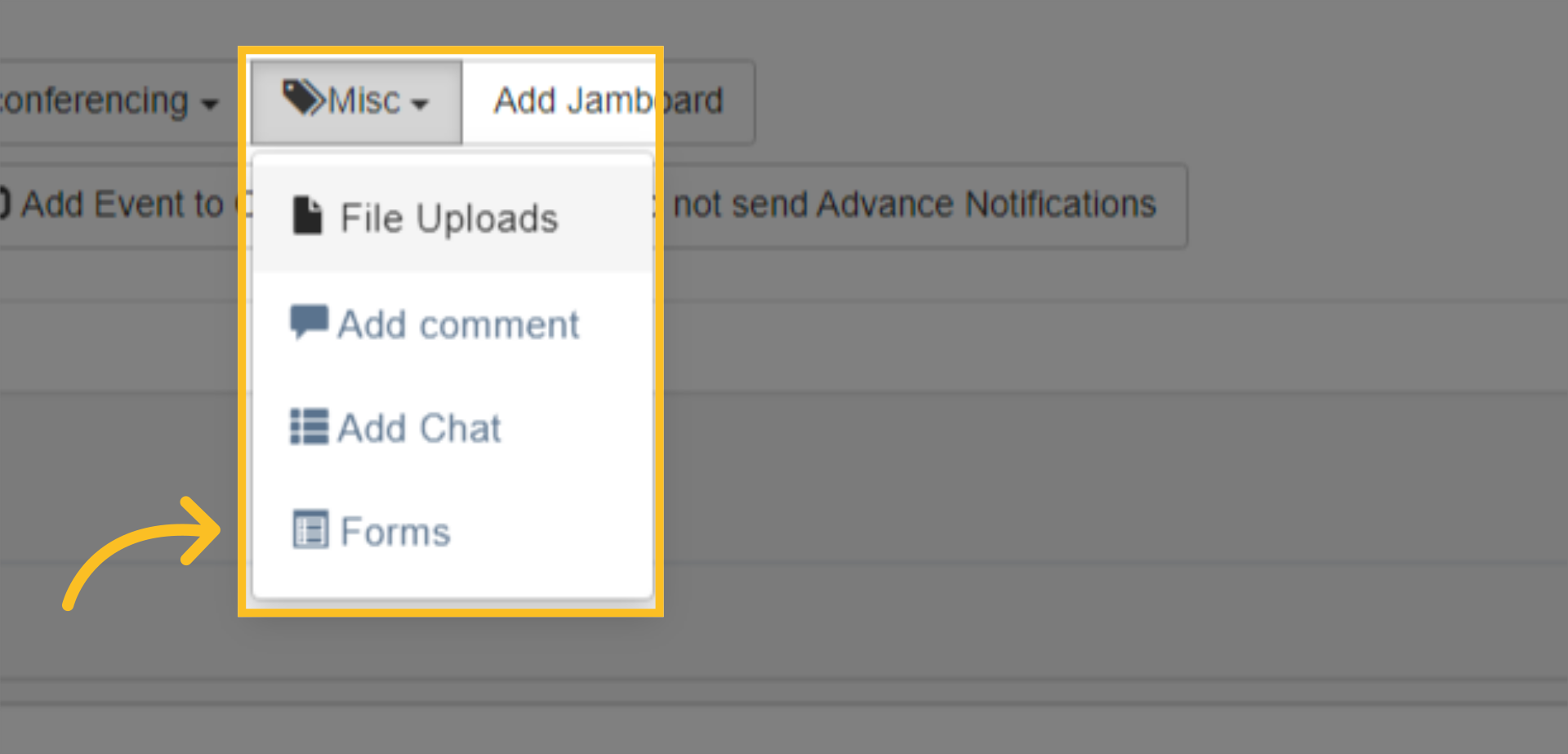 Digital Forms can be added using the 'Forms' button. This will allow you to add a pre-created form to the event - each user who is assigned or who enrols on the event will automatically be assigned the form selected.