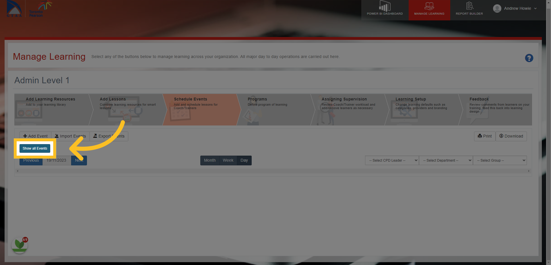 You can simply find the event by clicking on the Show all Events button here