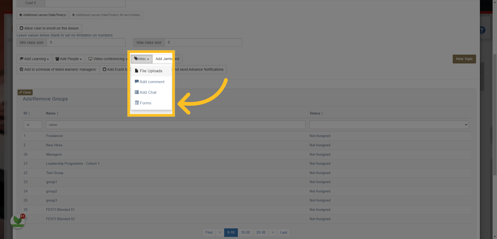 Digital Forms can be added using the 'Forms' button. This will allow you to add a pre-created form to the event - each user who is assigned or who enrols on the event will automatically be assigned the form selected.