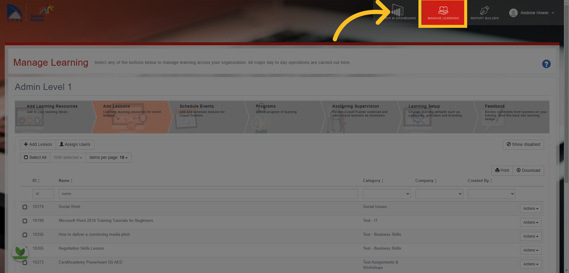 Click on the 'Manage Learning' tab at the top of the screen.