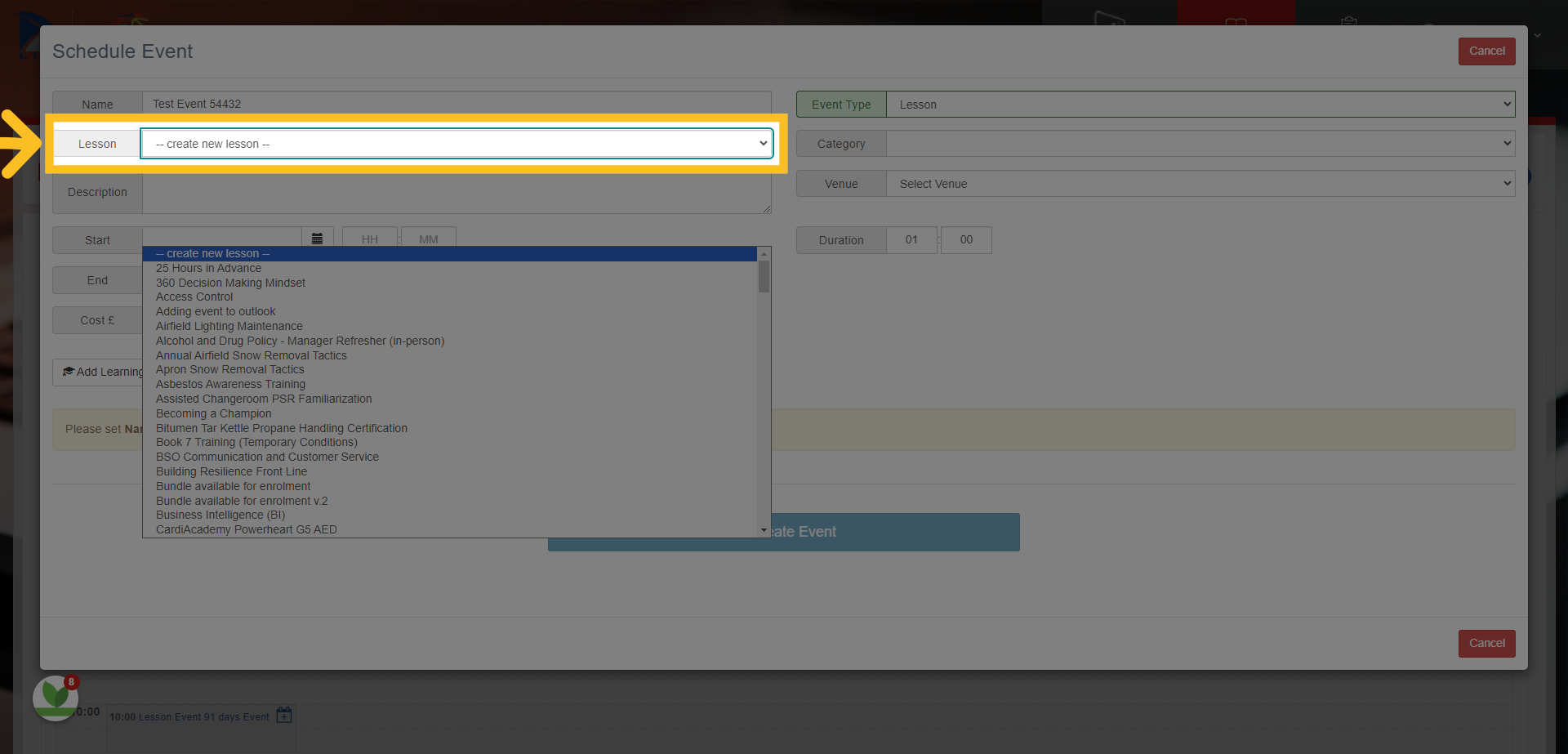 Click on Lesson box - options are to either 'create a new lesson' (use this option if there is no current template you can choose from the list) or choose from the selection of 'lesson templates' in the drop down list.