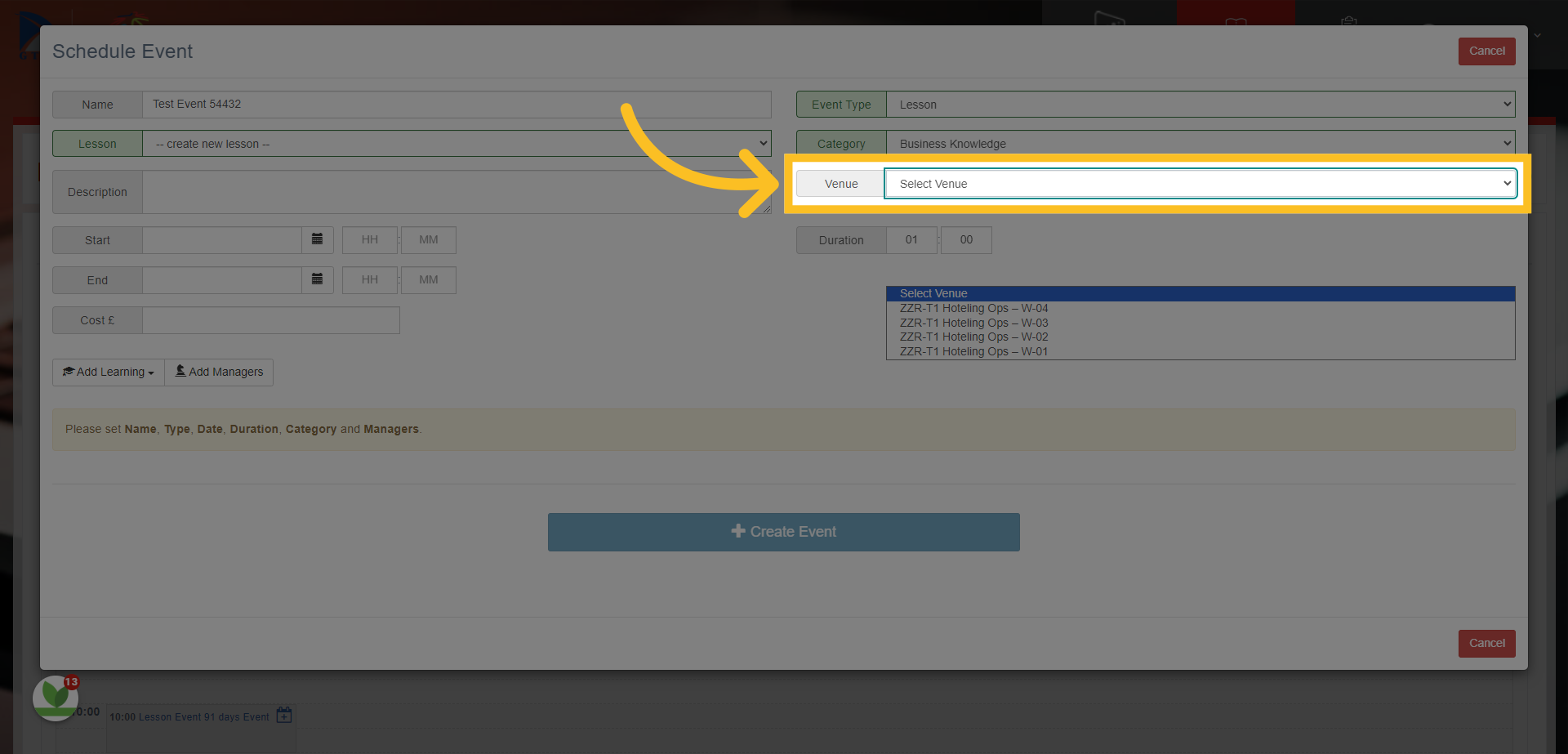 Select a 'Venue' where the event will take place - if it is an online session, then there is no need to add a venue.