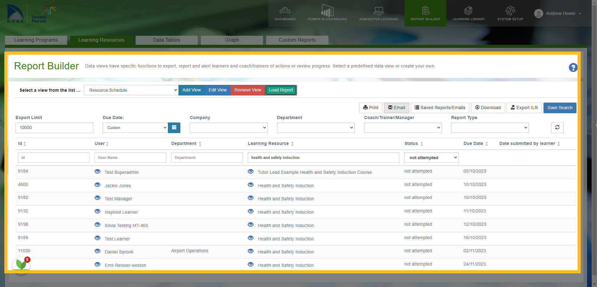 Use the different filters available to search for the users you want to send an email to.
In this example, we are looking for anyone who hasn't completed the Health and Safety Induction Course and have gone past their expected completion date.
