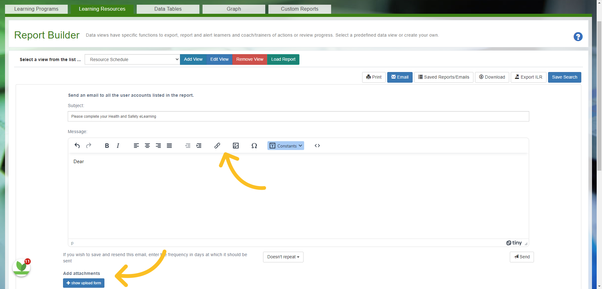 The template here allows you to add links, images and documents to the email.