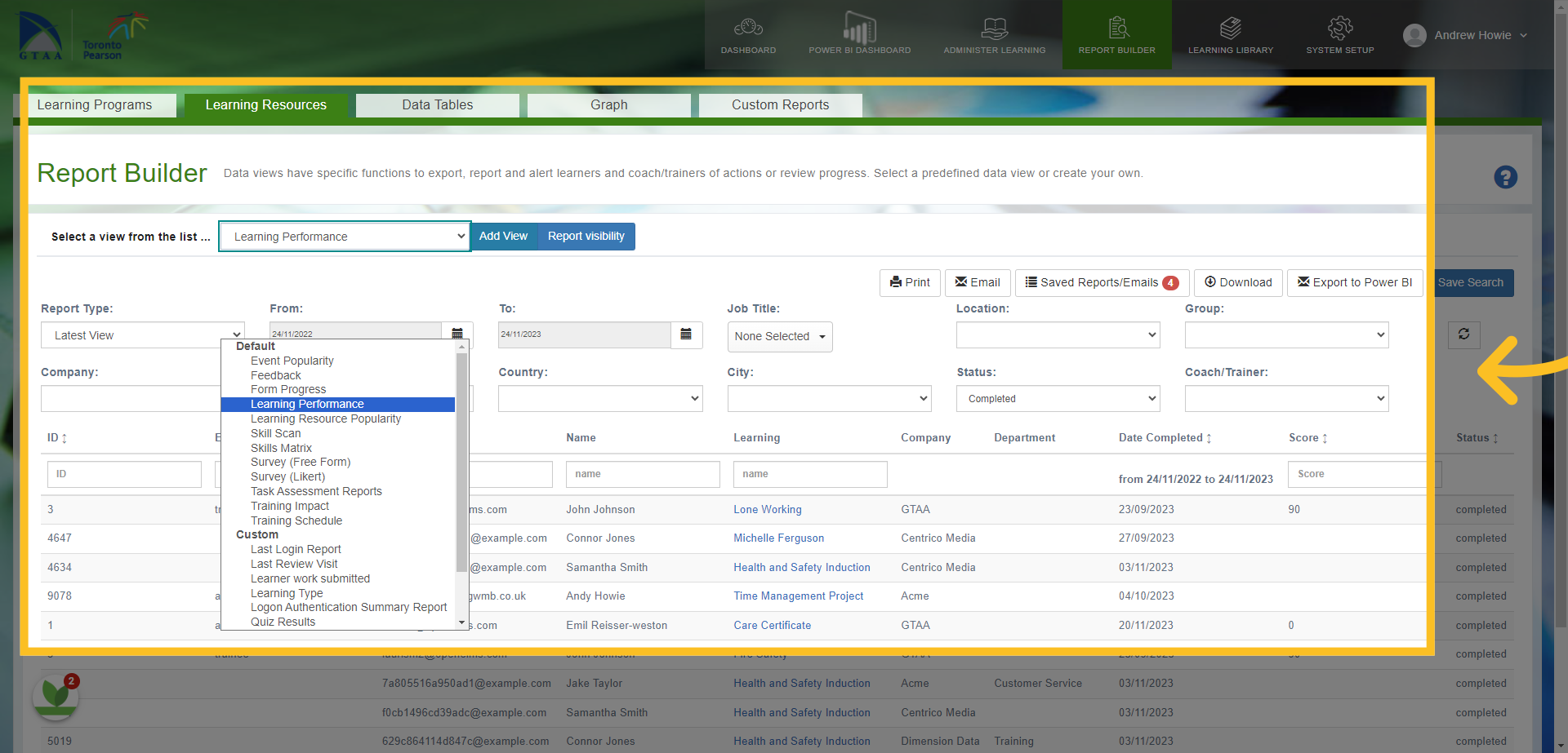 You can search for different reports in the drop down lists and filter the information accordingly.