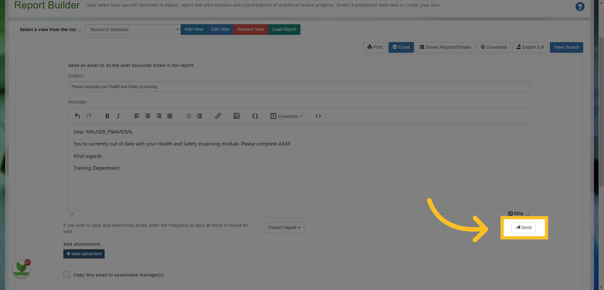 Once you're happy with the email and set up, click the send button here.