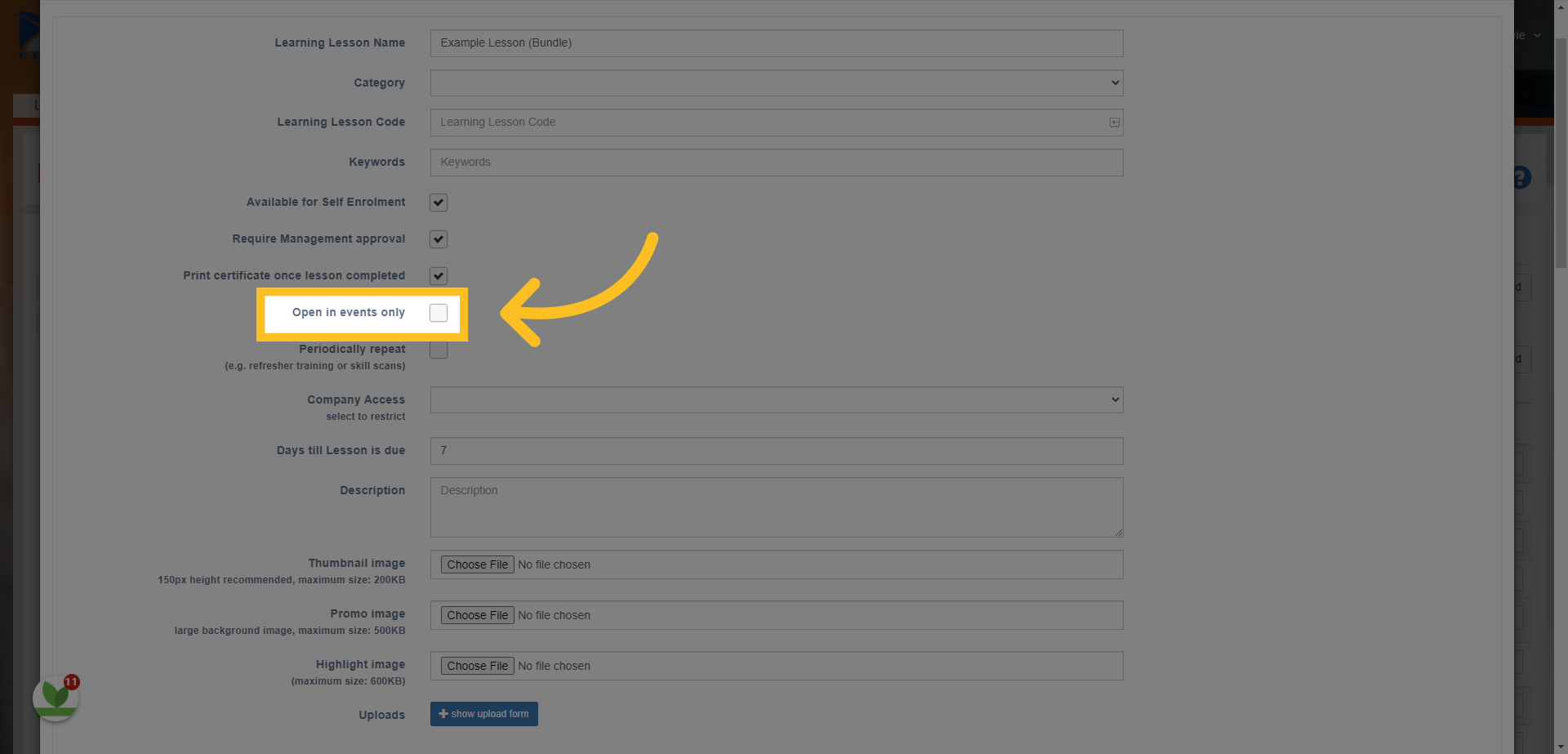 Check the 'Open in events only' box if you want the lesson to be used as a template when adding training events to the system (this is covered in a separate guide).