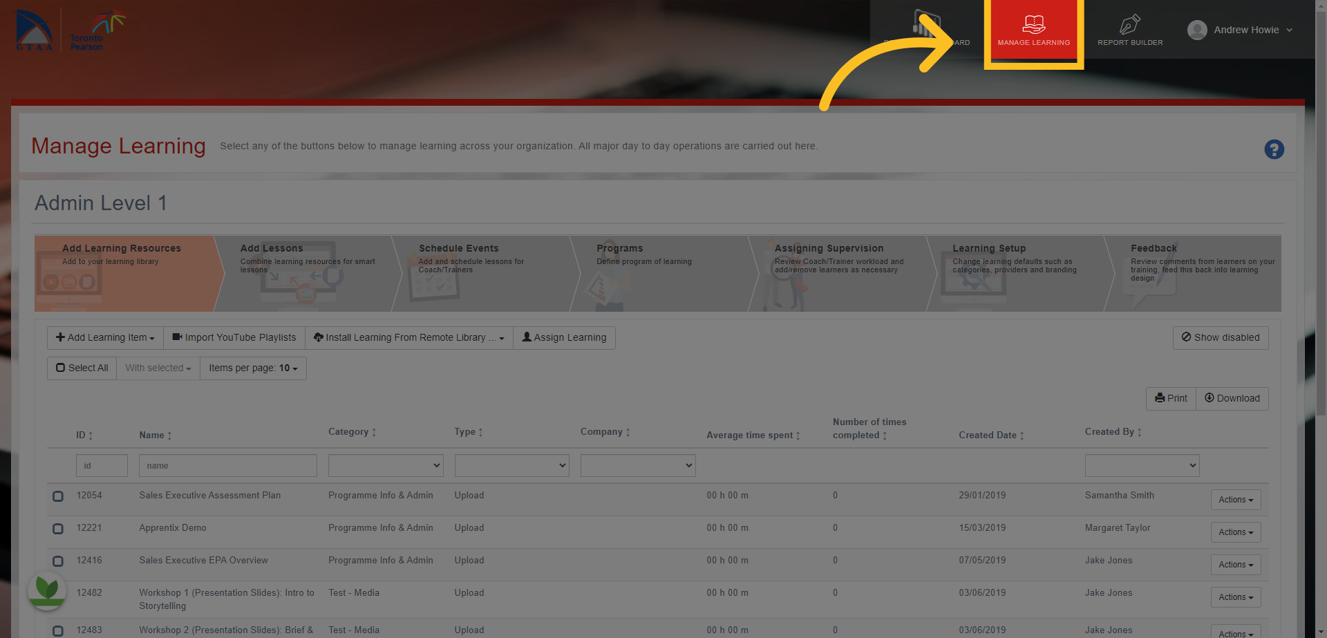 Click on the 'Manage Learning' tab at the top of the screen
