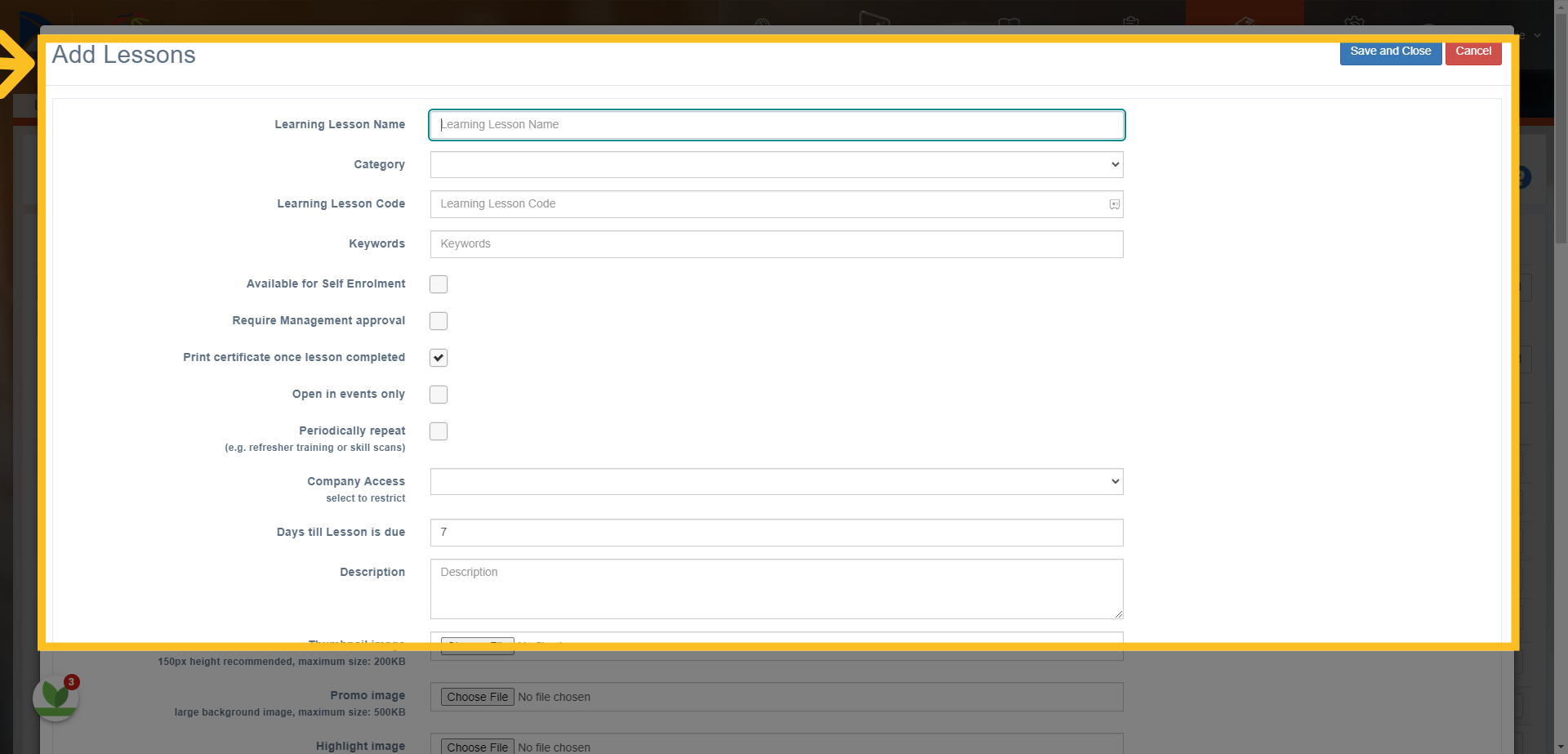 This opens the 'Add Lessons' Template