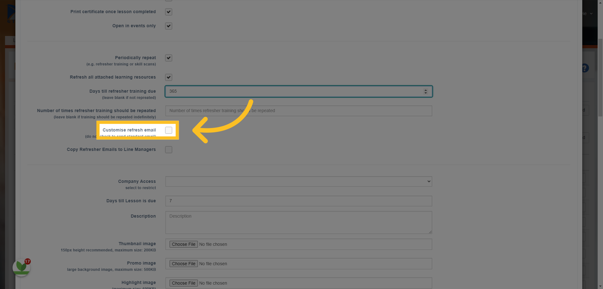 You can also 'Customise' the email that is sent to users when they need to re-do the lesson again.
