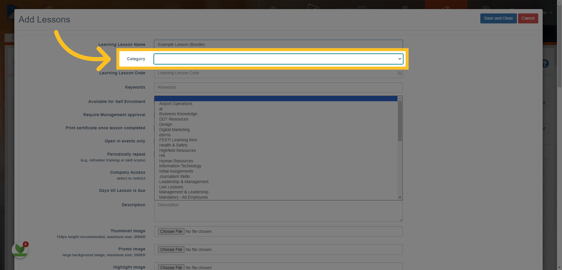 Select the 'Category' the lesson will be mapped to