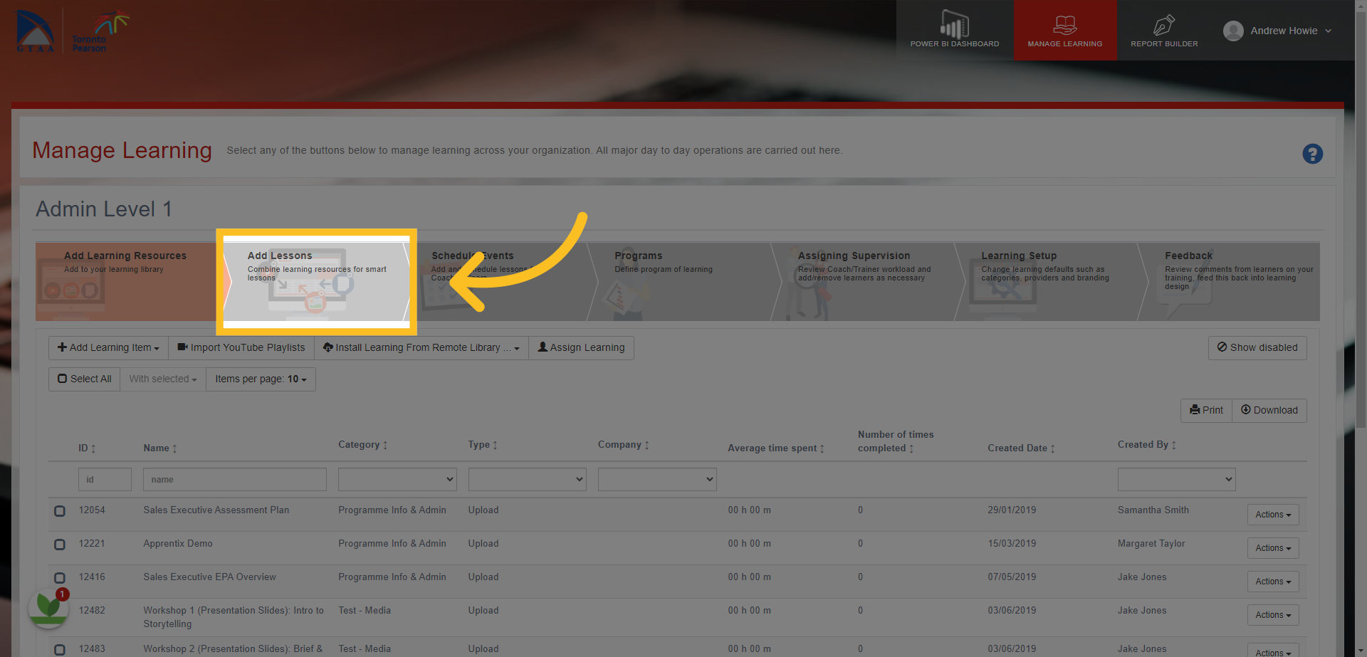 Click on the 'Add Lessons' tab here