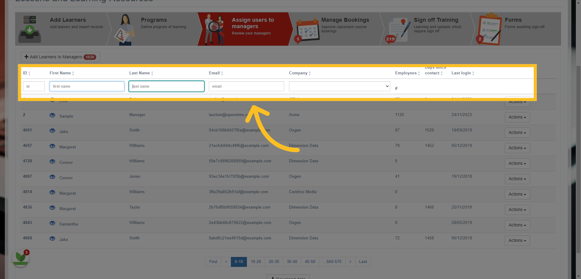 You can search for a manager by ID number, First or Last name and Email Address - you can also filter by company.