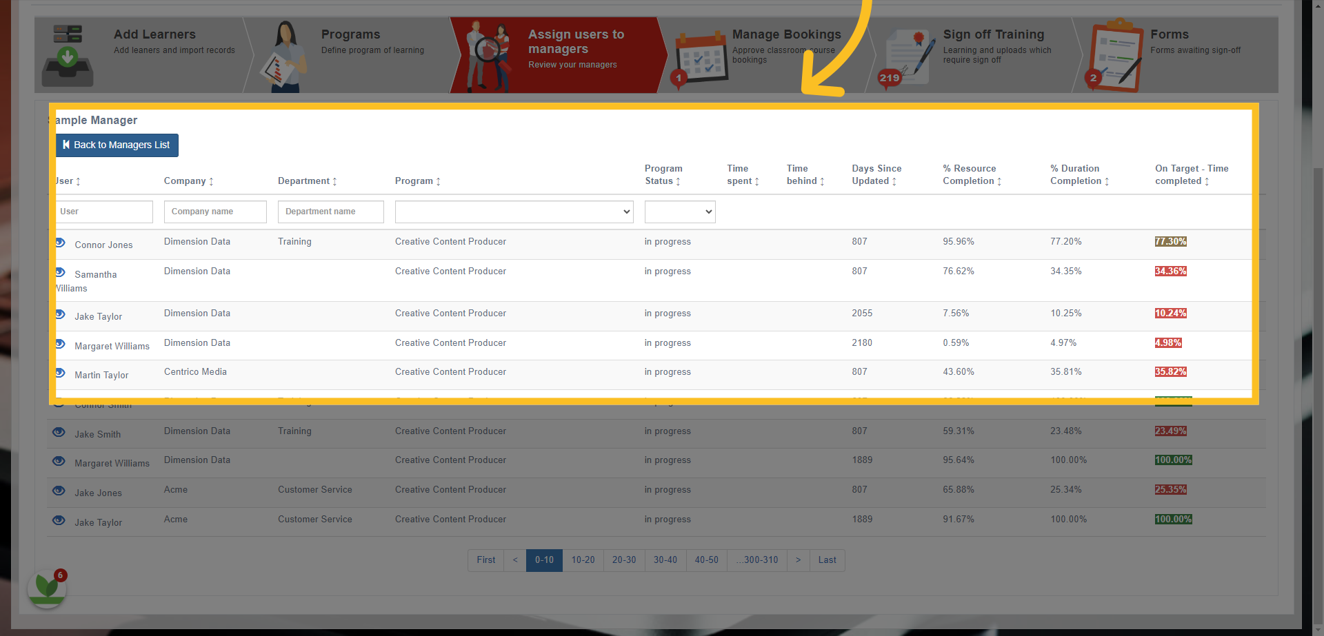 Here you can view all learners assigned to the manager (you can view their individual files by opening their row). Click the 'Back to Managers List' button once viewed.