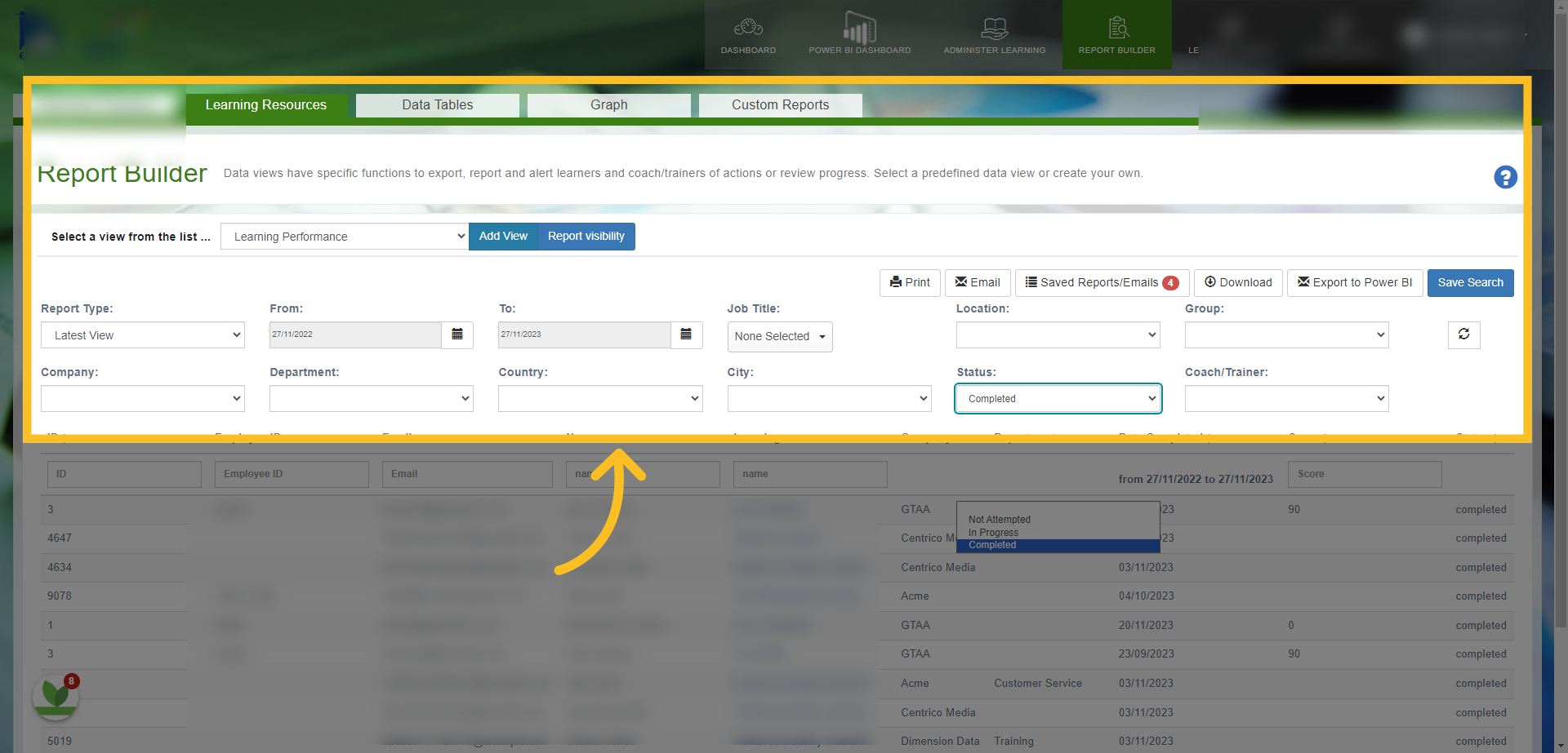 If we select the 'Learning Performance' report - you can see we can filter the information by Date, Job Title, Location, Group, Company, Department, City, Manager or Trainer and Status of the Learning Resource.