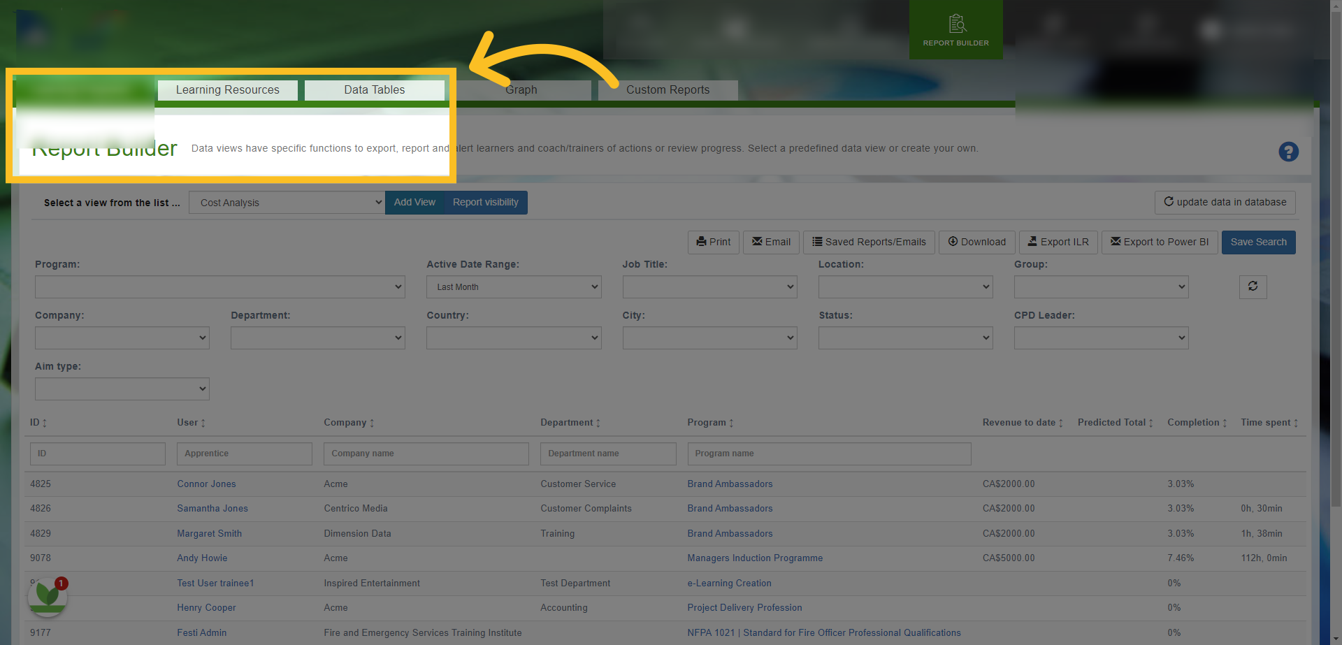 This opens the Report Builder page - we will look at the 3 main tabs - Learning Programs, Learning Resources and Data Tables.