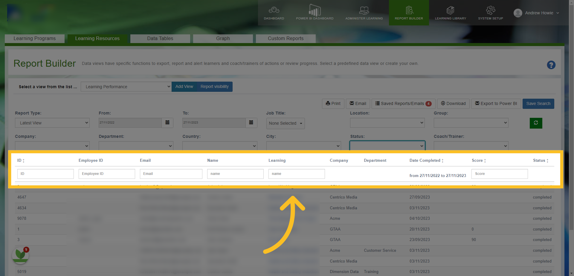 You can also filter by typing information by ID, Email, Name and Learning Resource.