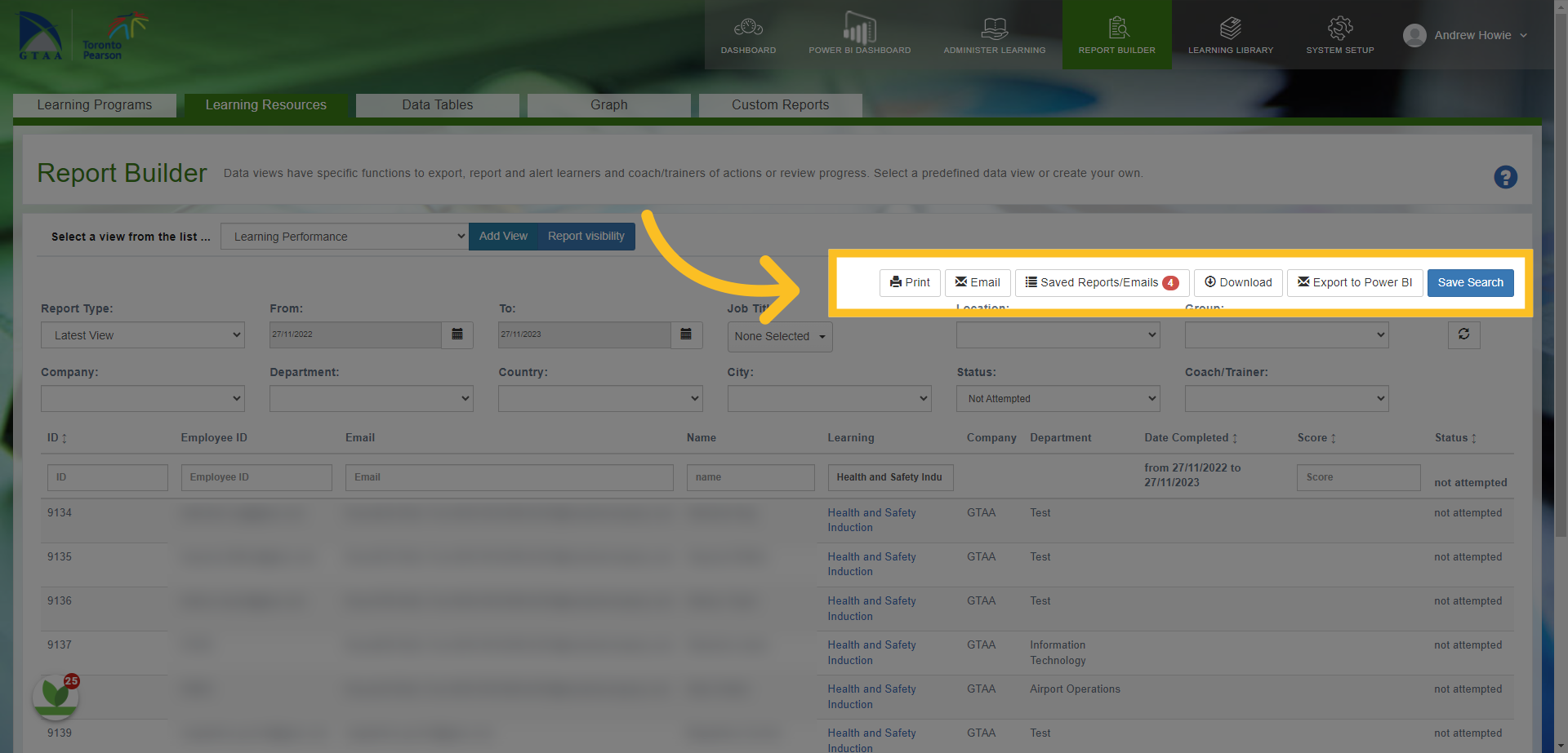 You can also use the features here i.e. Download the report in to an Excel Spreadsheet, Save the Search, Email users in the report (a separate guide is available for this feature) or Print (this can be used to send the report to specific managers in the system).