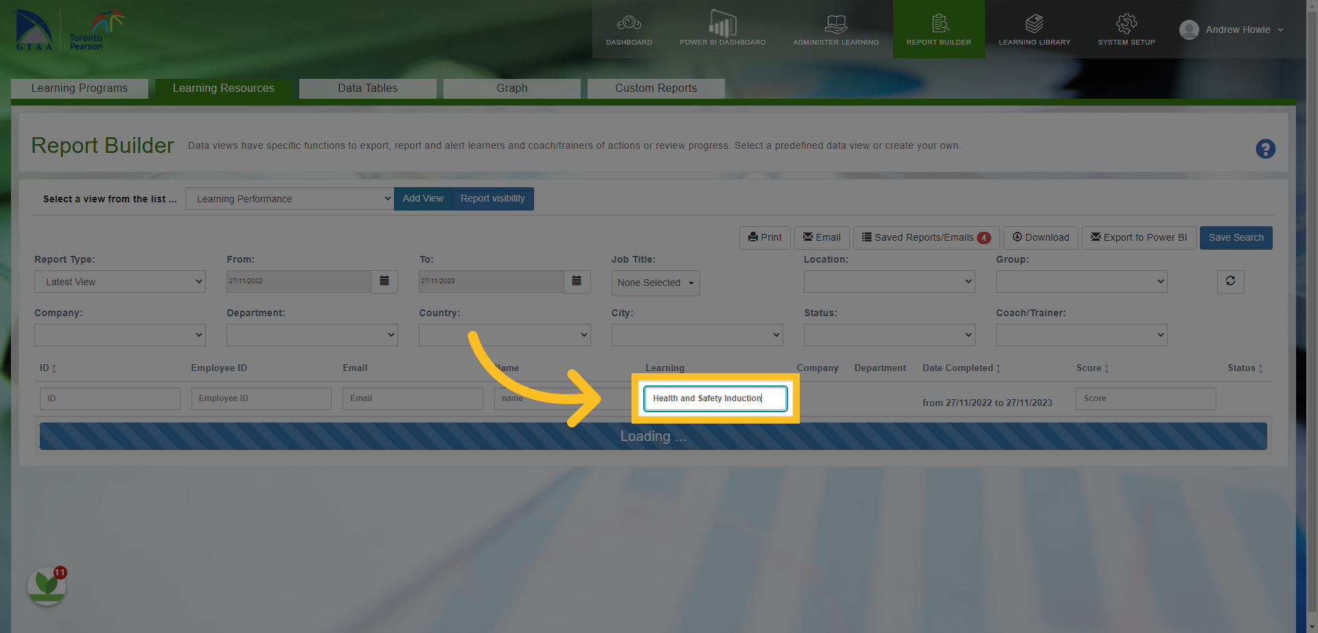For example, if we type 'Health and Safety Induction' in the 'Learning' Box...